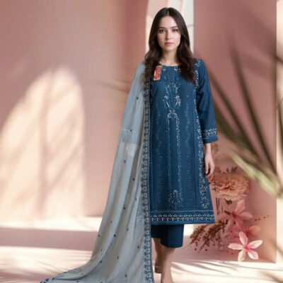 Stitched Embroidered Cotton Suit – 3-Piece Elegance
