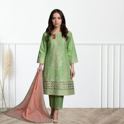 Stitched Embroidered 3-Piece Suit – Cotton Fabric with Chiffon Dupatta