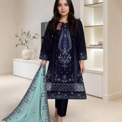Stitched Embroidered 3-Piece Suit – Cotton Fabric with Chiffon Dupatta (Copy)